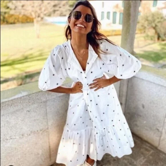 ZARA EMBROIDERED MIDI DRESS WHITE Flounced hem - Picture 7 of 8